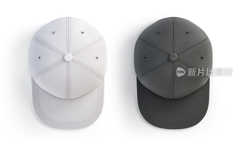 白色和黑色snap back模拟，空白帽子模板，隔离在白色背景上。前视图。三维演示